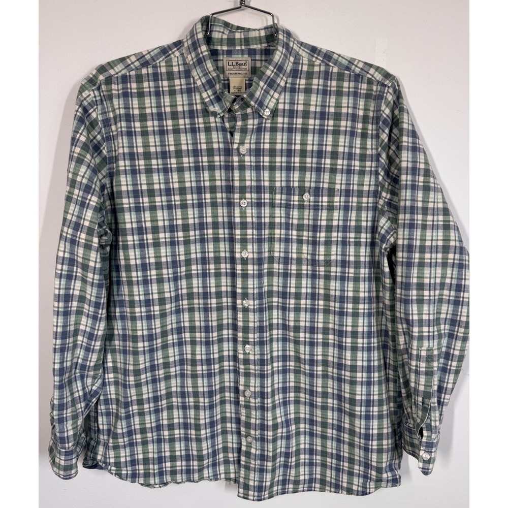LL Bean Traditional Fit Long Sleeve Button Down Green Plaid Pocket Shirt Mens LT